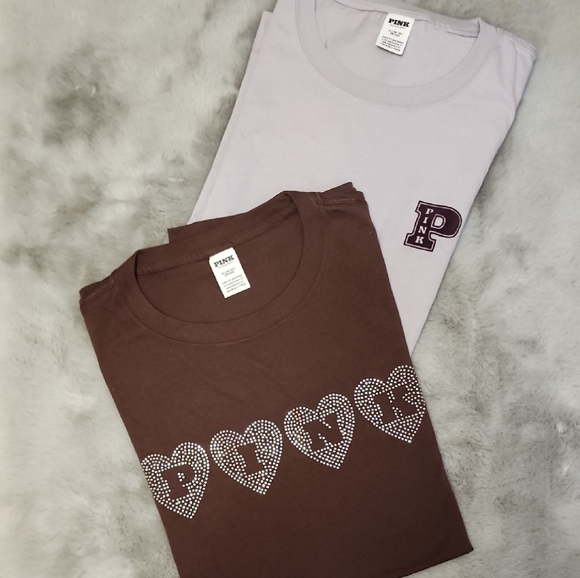 PINK Victoria's Secret Tops - PINK Victoria's Secret Brown and White Short Sleeve Tees